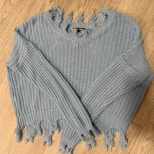Fashion Nova Distressed Light Blue Cropped Crewneck Sweater